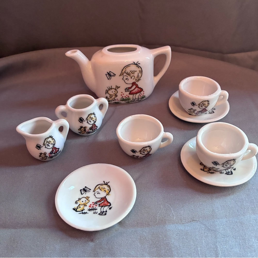 Vintage Mini Toy Tea Set - Blond Girl with Butterfly, 9 Piece Set